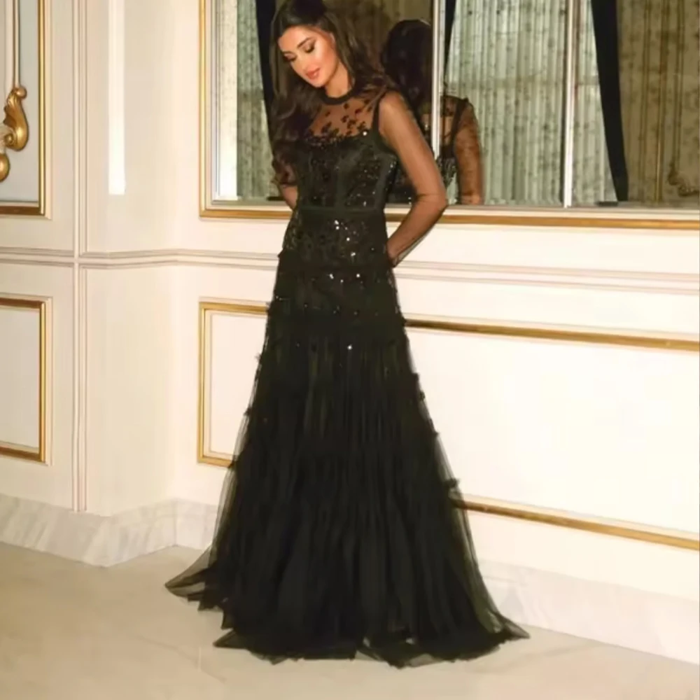 

Saudi Evening Dresses Long Sleeves Prom Dresses Black Lace Bead O-Neck Floor Length Tulle Party Gown Customized robes de soirée