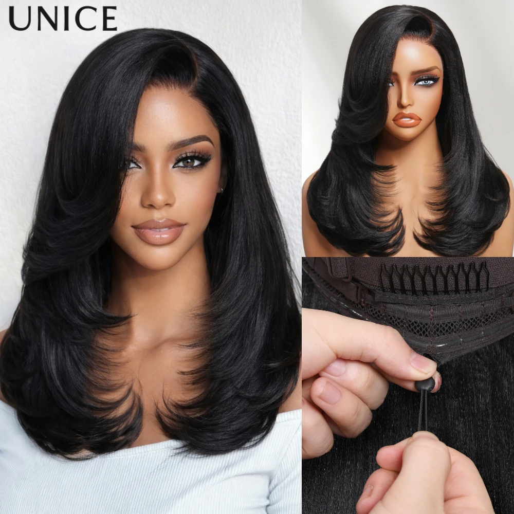 UNice Bye-Bye Knots™ 7x5 Lace Side Part Yaki Straight Wig With Blowout Feathered Layers & Drawstring Glueless Human Hair Bob Wig