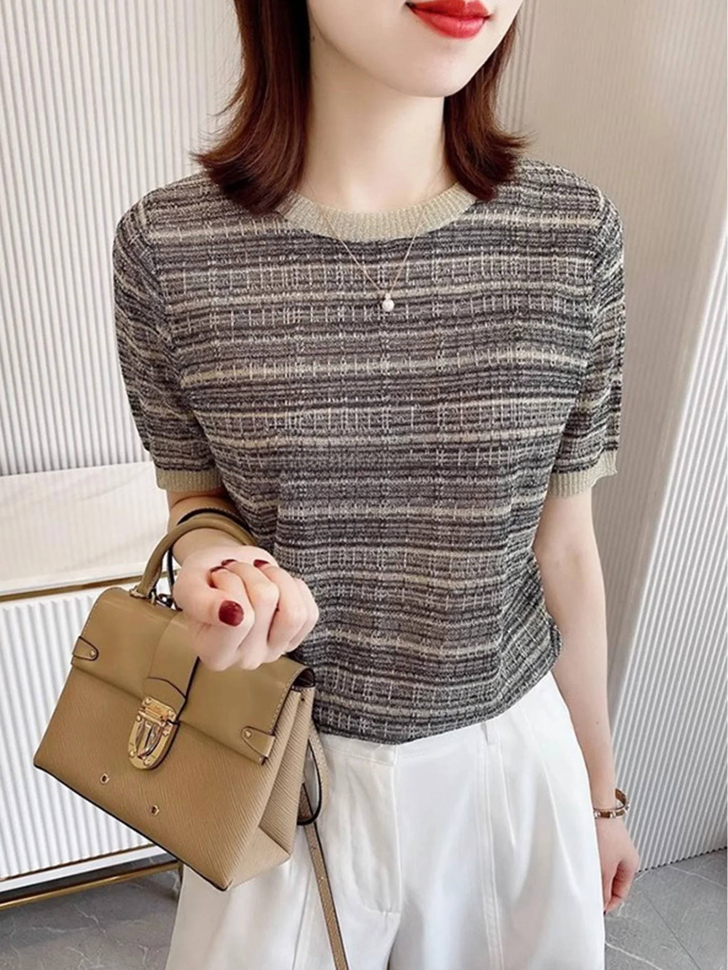 

Женский модный шикарный летний топ из вязаного шелка Ele Ice Silk, корейский стиль, прямой крой, футболка-поло