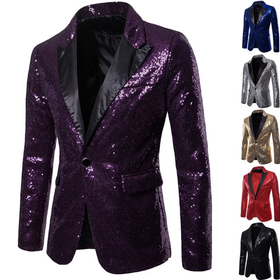 Blazer Long Sleeve Suits Men Two Pieces Sequins Blazers Single Button Business Jackets Straight Pants Ankle Length Pockets Party