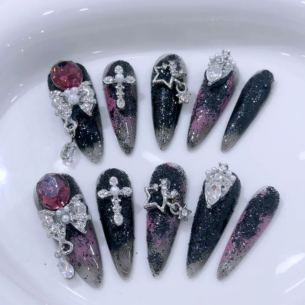 Nicchia di lusso fatta a mano stampa sulle unghie Oblivion Dark Spice Girls unghie finte fiocco stella croce diamante viola punta lunga nail art