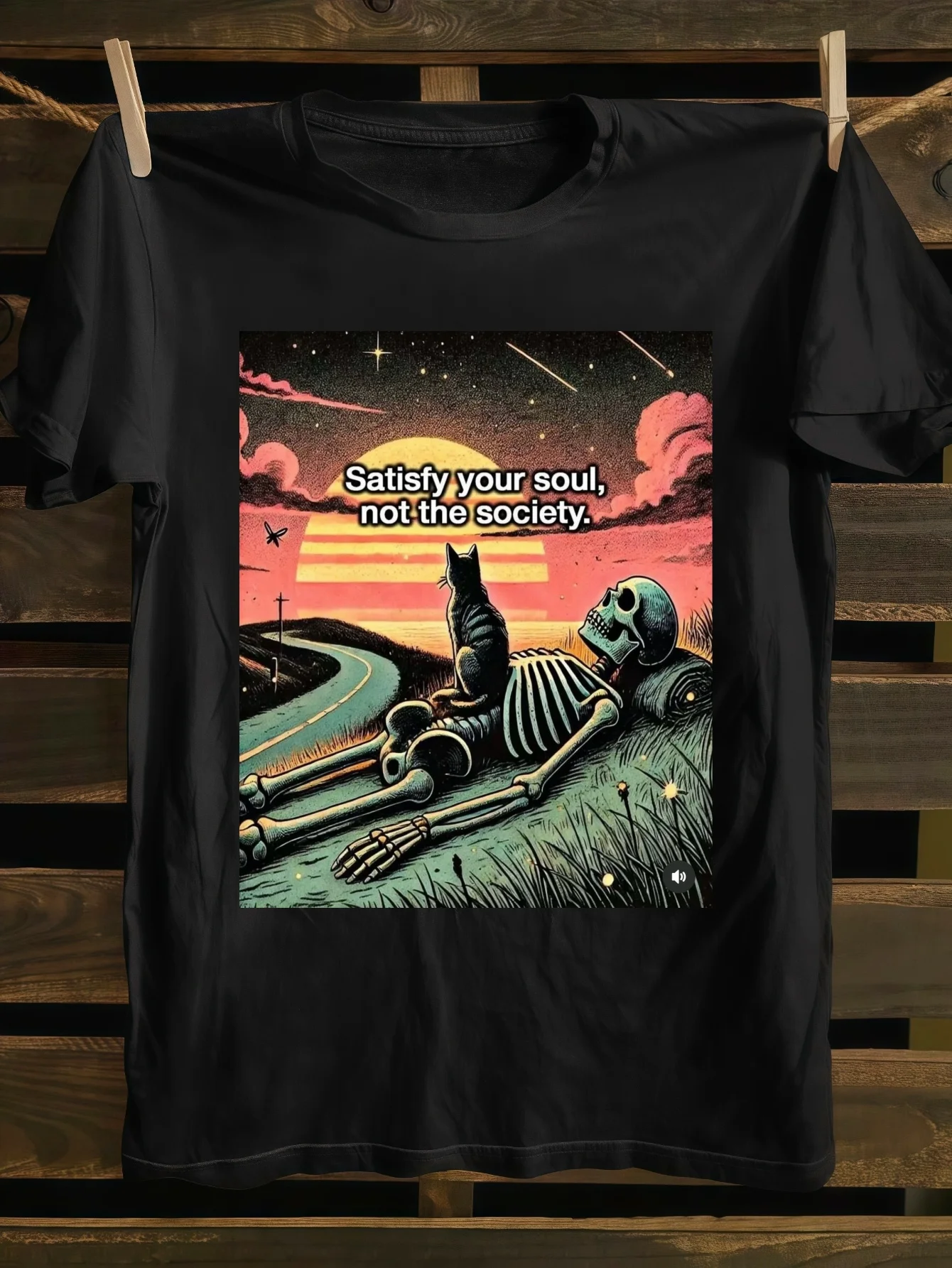 

Vintage Cat and Skeleton Sunset Design Philosophical T-Shirt 100% Cotton O-Neck Short Sleeve Summer Casual Mens T-shirt