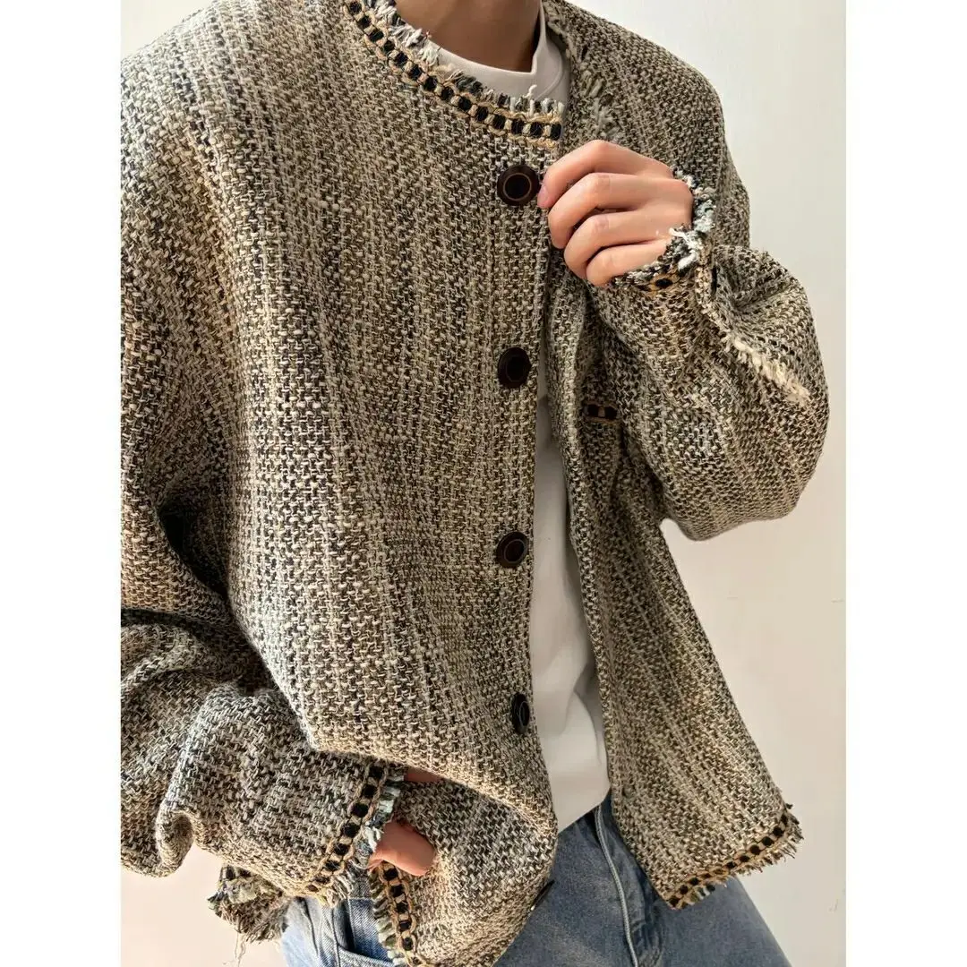 Trendy Woven Jackets for Men and Women, Autumn Wasteland Style Raw Edge Collarless Jackets, Retro Versatile Tops, Autumn