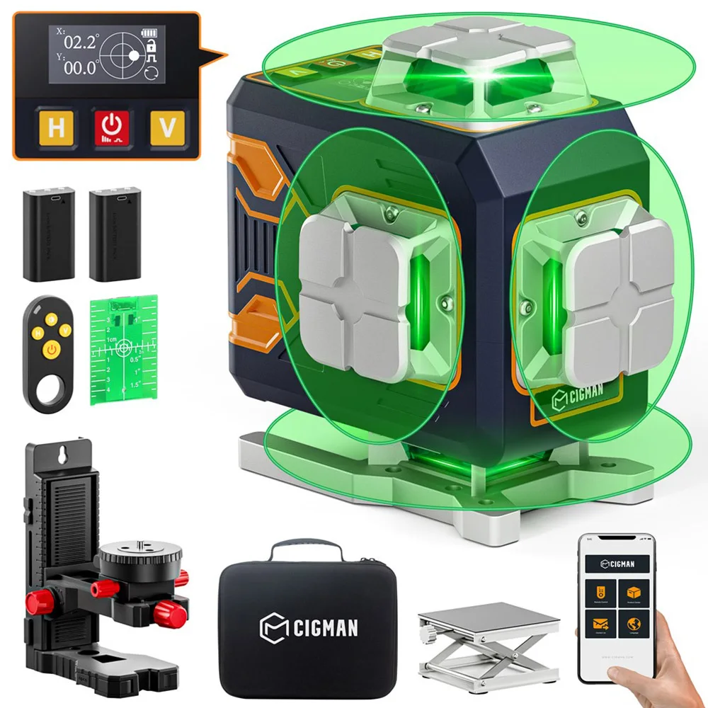 CIGMAN CM-S02 4x360 °   16 lijnen laserniveau APP-bediening LCD-scherm 40 uur Ultra looptijd Accessoireset met verlengde levensduur van de batterij