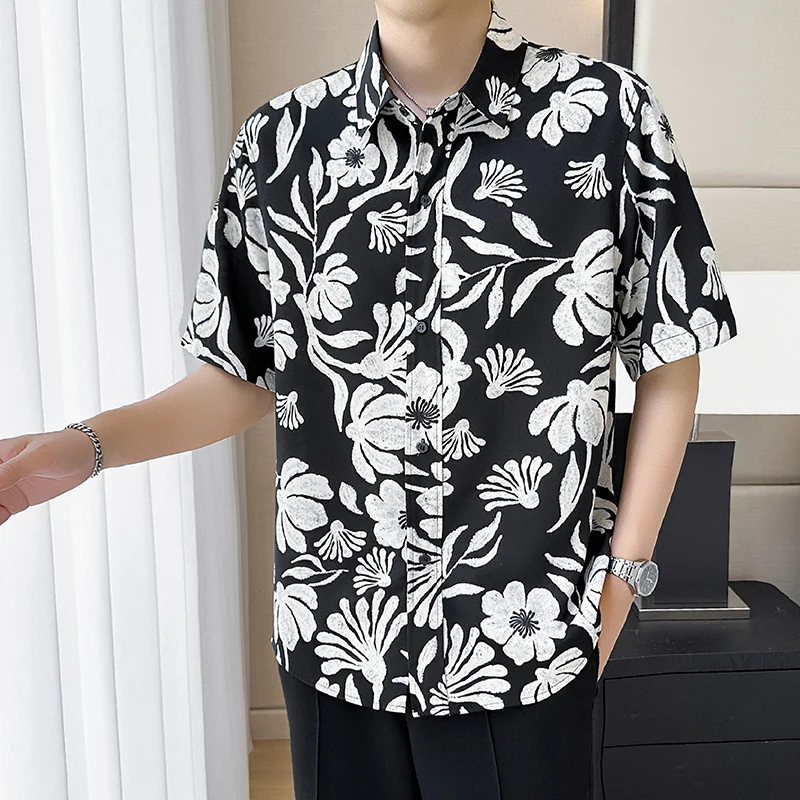 2025 Summer Ice Silk Breathable Shirts Men Retro Print Loose Casual Hawaii Short Sleeve Shirt Vacation Shirt Social Streetwear
