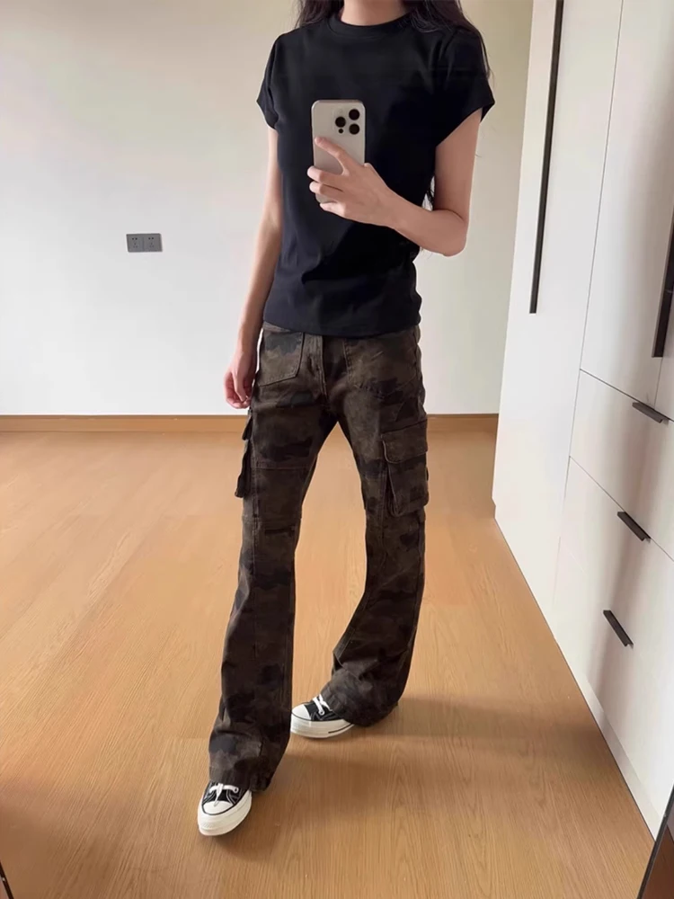 

American Retro Camouflage Work Pants Slim Fit Jeans High Street Sle Women's Autumn Faion Straight Leg Trousers