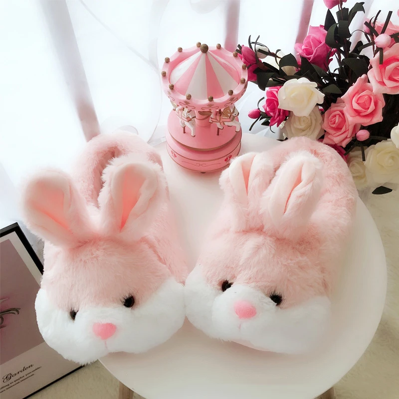 Comemore 2022 Women Cute Animal Slippers Girls Rabbit Home Shoes Plus Size 44 Non Slip Flat Autumn Winter Warm Slipper Plush Men