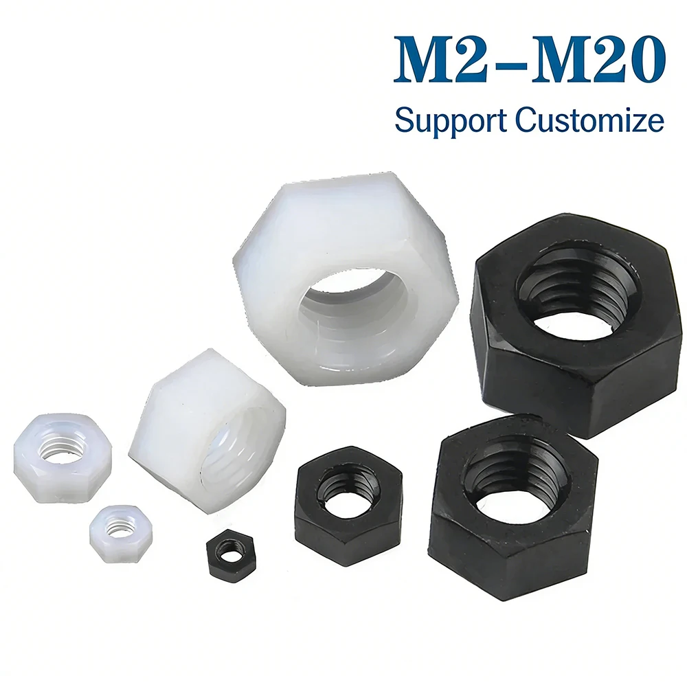 5-50Pcs M2 M2.5 M3 M4 M5 M6 M8 M10 M12 M14 M16 M18 M20 Black or White Plastic Nylon Hex Hexagon Nut Support Customize