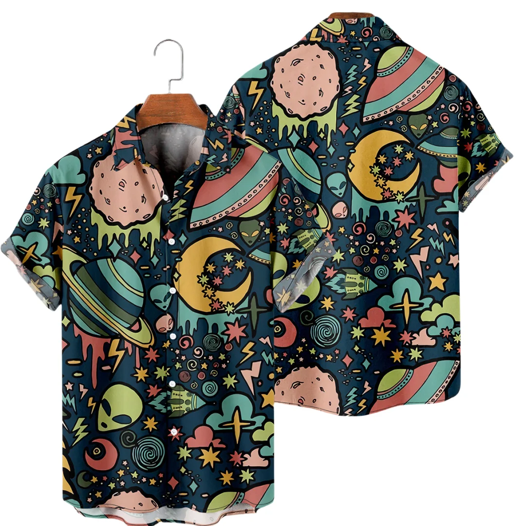 Men's Short sleeved Spaceship Pattern 3D Print Harajuku Cartoon Shirt Hawaii Beach Vacation Men's Polo Double breasted Shirt Top