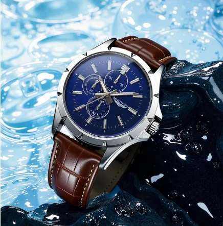 Men Chronograph Quartz Watch, Blue Dial Brown Leather Strap Waterproof Business Wristwatch for Male view 6