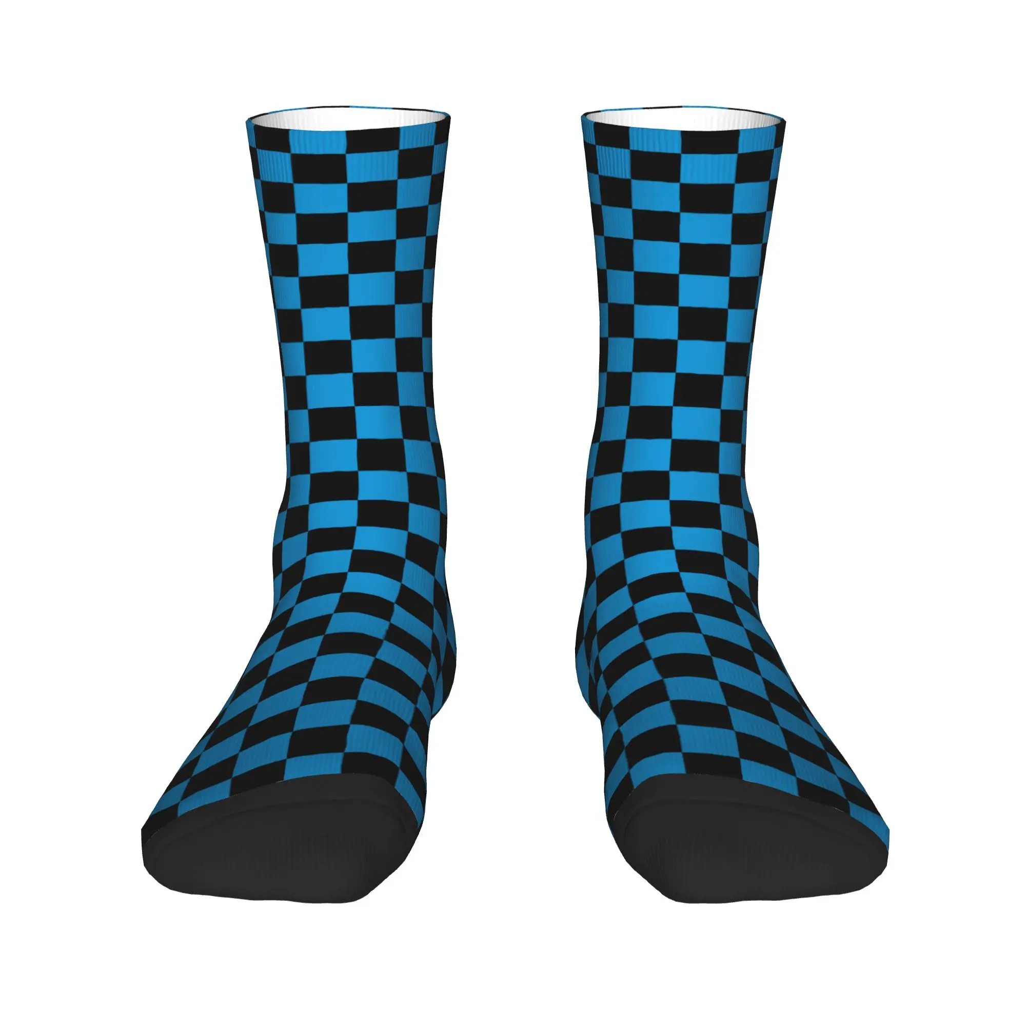 

Breathbale Warm Printing Checkerboard Plaid Socks for Men Women Stretch Summer Autumn Winter Light Blue And Black Crew Socks