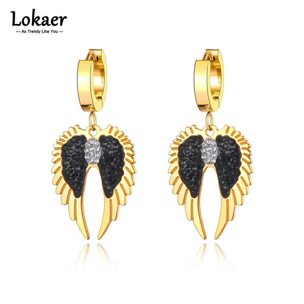 Lokaer Trendy Stainless Steel Rhinestone Angel Wings Heart Earrings Jewelry CZ Crystal Party Earrings For Women Girls E21128