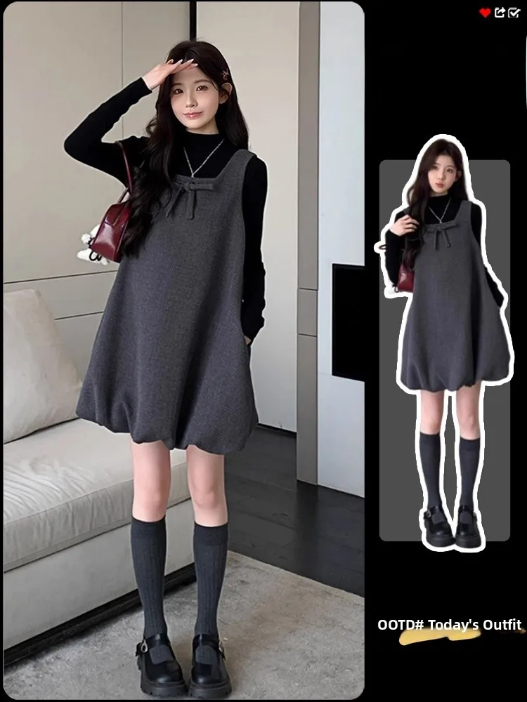 

Korean Style Women's Base Shirt Strap Dress Two-Piece Set Youthful Combination Short Sleeve round Neck Breathable Polyester
