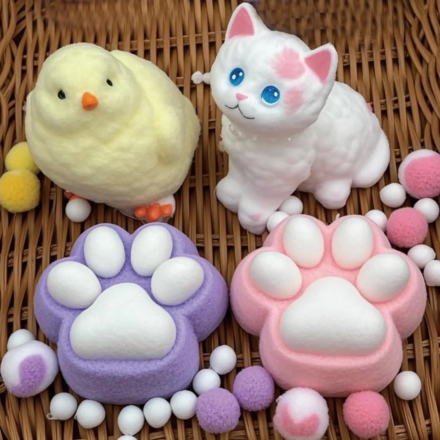 

Набор из 4 мягких игрушек Big Taba Squishy - набор игрушек Fufu Squishy с цыпленком, гигантской кошкой и 2 игрушками-лапками, мягкие на ощупь