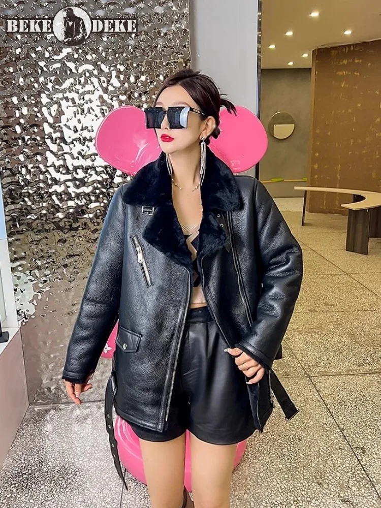 

New Winter Thicken Women Sheep Shearling Motorcycle Jacket Zipper Genuine Leather Female Overcoat Punk Warm Wool Real Fur Coat