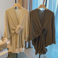 Women Knitting Crochet Cardigan Cloak Poncho Pompoms Capes Autumn Winter Open Front Sweater Elegant Shawl With Fluffy Pompoms