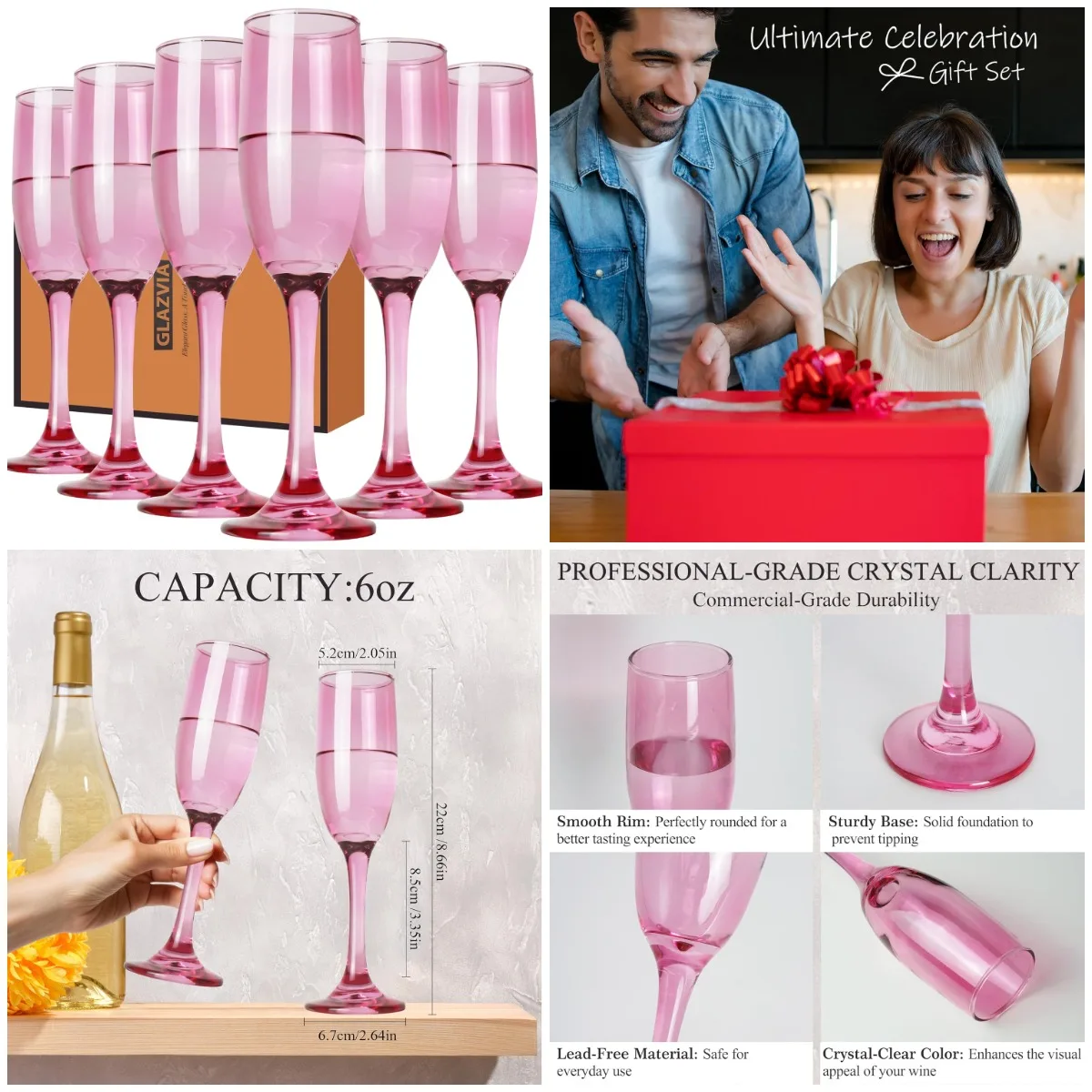 

Set of 6 Pink Champagne Flutes, 6oz Elegant Long-Stem Glasses for Wedding, Birthday, Home Bar