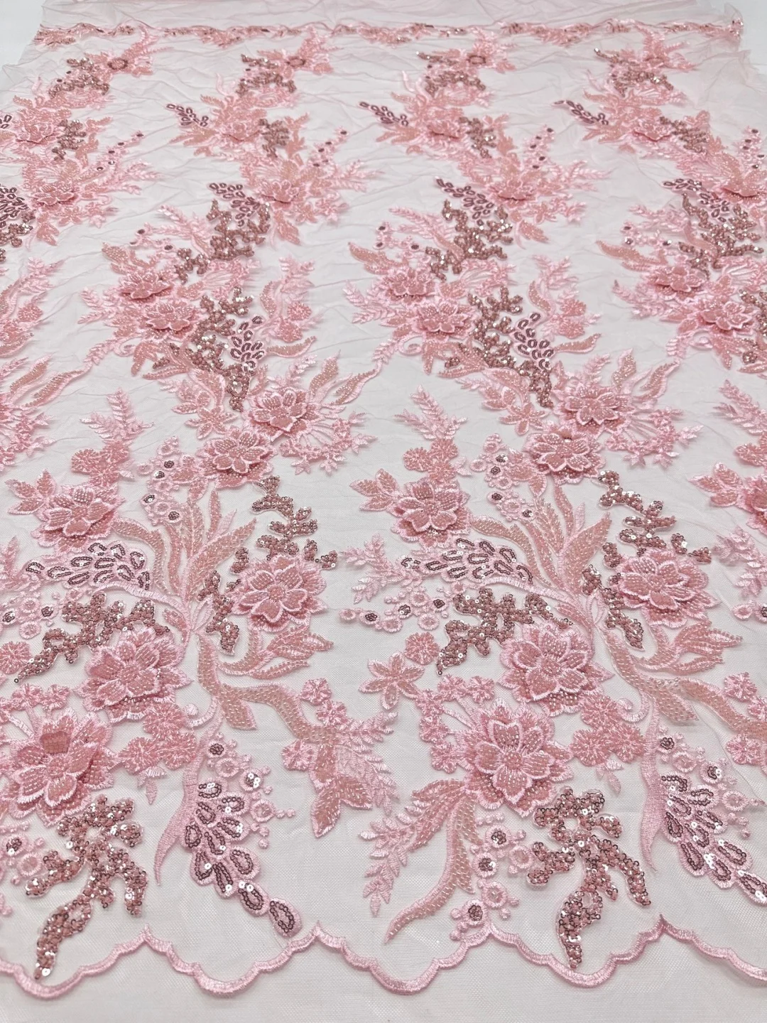 5 Yards Blush Pink 3D Floral Beaded Lace Fabric, Luxury Tube Bead & Sequin Embroidery on Sheer Tulle for Wedding Gown