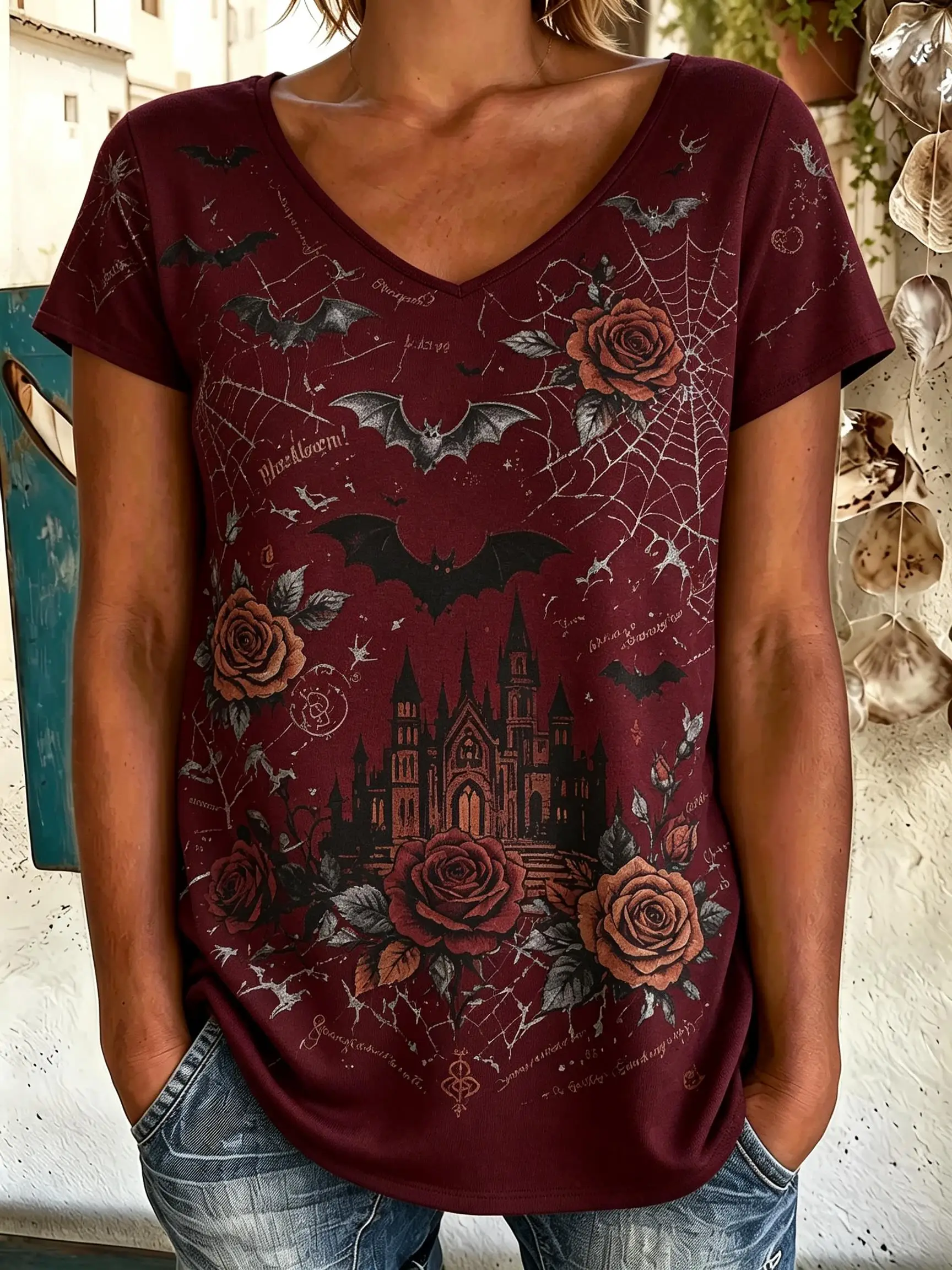 Women V‑Neck Short Sleeve T‑Shirt Gothic Raven Crystal Ball Castle Rose Bat Spider Web Mystical Print Casual Loose Tops