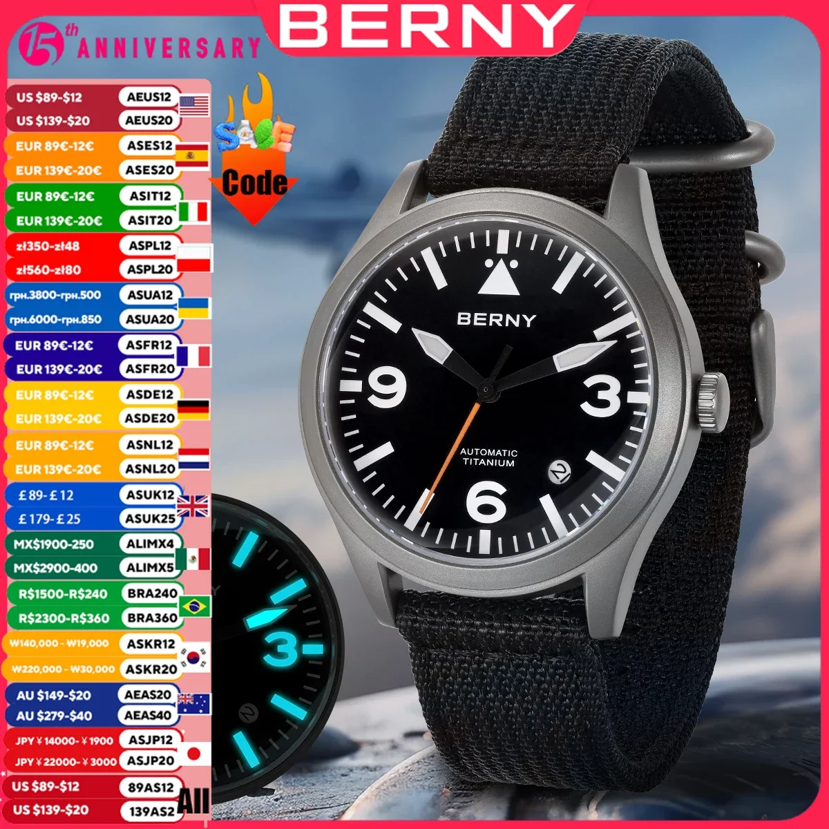 BERNY Pilot Titanium Automatic Watch for Men Sapphire AR Coated 10Bar Supper Luminous Men Wristwatch Sports Aviation Men Watches