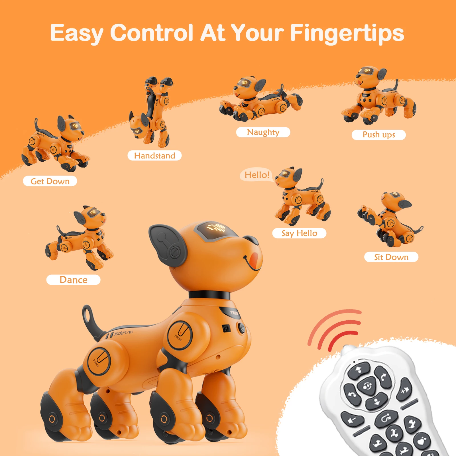 VATOS-Robot Chien Jouet pour Enfants, Commande Vocale, 2.4GHz, Télécommande, Animal de Compagnie, Capteur Tactile, Mode 20 +, Jouet Chiot pour Enfants, Bol, Orange