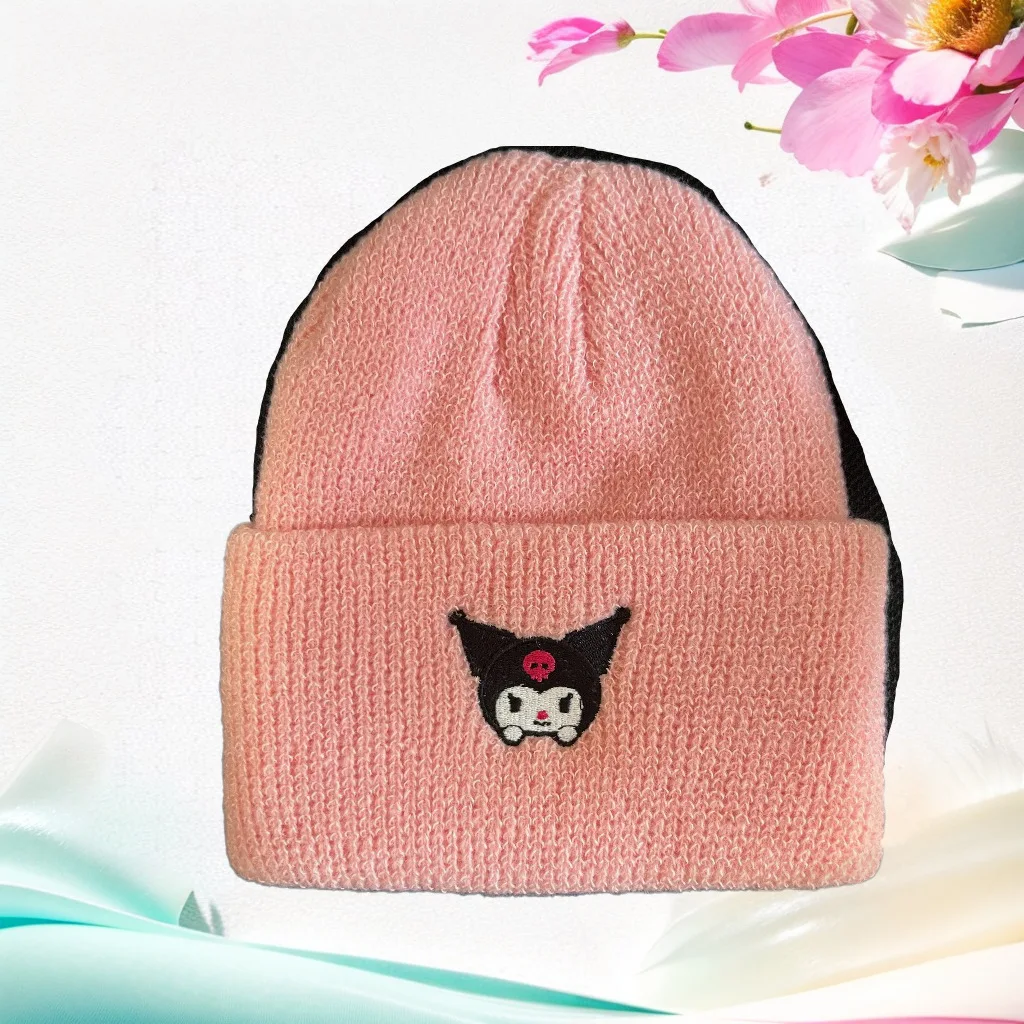 Kawaii Sanrio Kuromi czapki z dzianiny kreskówka haftowana czapka śliczna ciepła rozciągliwa czapka dla dorosłych dzieci czapki na zewnątrz prezent