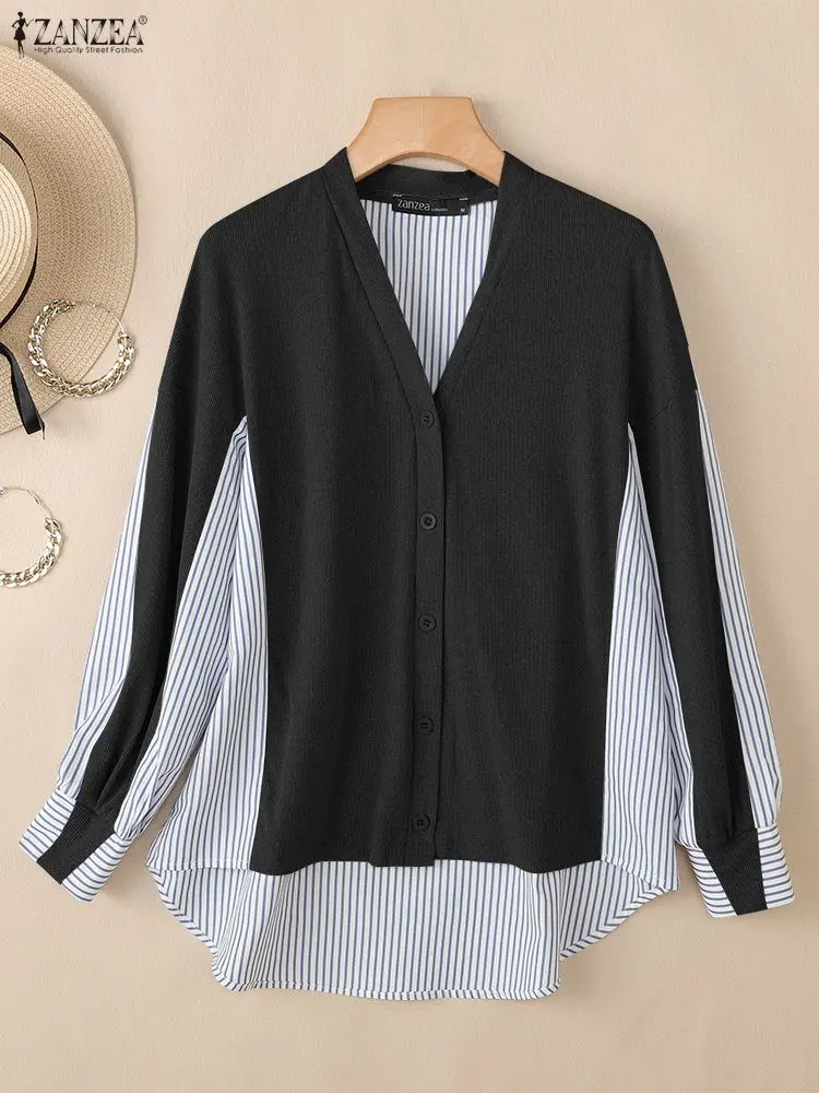 

ZANZEA Autumn V Neck Office Shirt Striped Pullover Stylish Women Patchwork Blouse 2026 Spring Elegant Long Lantern Sleeve Tops