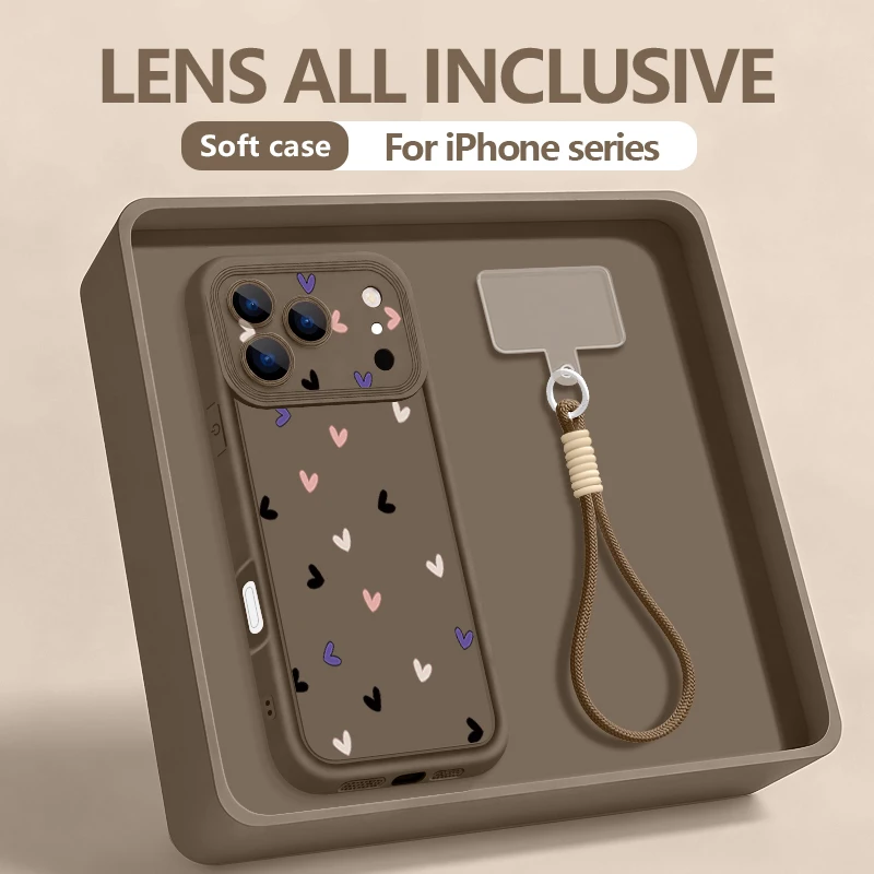 Capa de Celular Colorida com Estampa de Coração e Alça para iPhone 17 Pro Max 17e 16e 16 15 14 Pro Max 13 12 Pro, Capa Protetora de TPU Macio à Prova de Choque