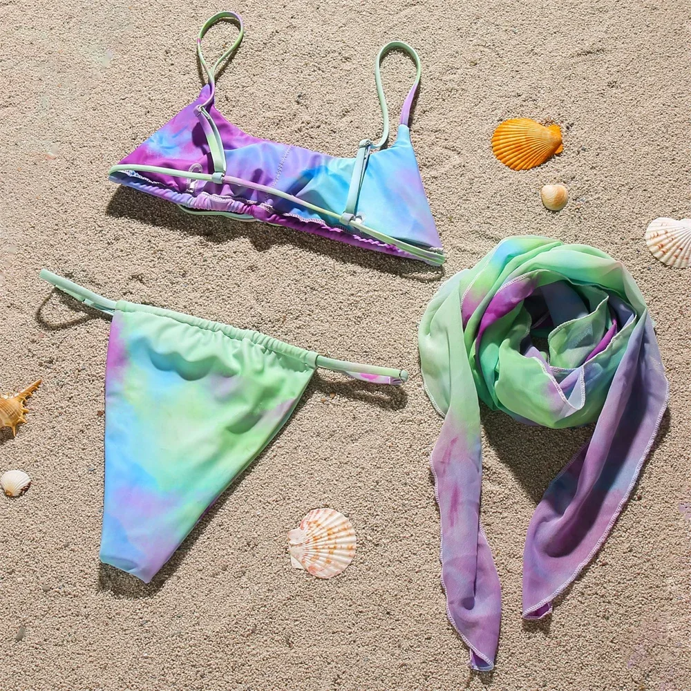 Mulheres Tie Dye Sling Bikini, maiô com cordão, encosto malha cobrir, roupa de praia, roupa de banho, roupa de banho, Y2K, 3 pcs