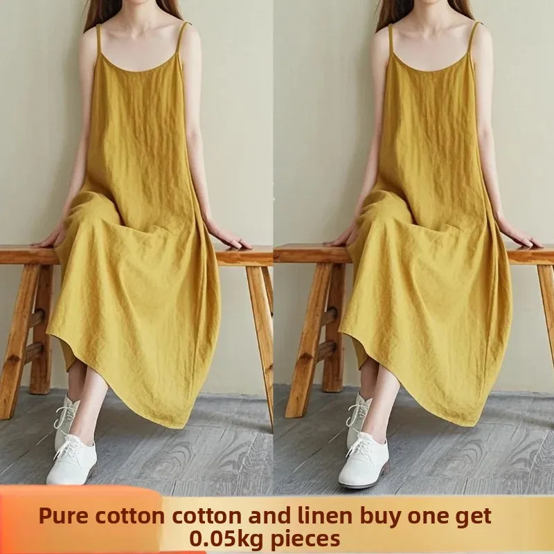 Vestido Midi de verano de talla grande de algodón y lino con hombros descubiertos, vestido holgado que cubre el vientre, adelgazante, Color sólido, amarillo, Camel, blanco