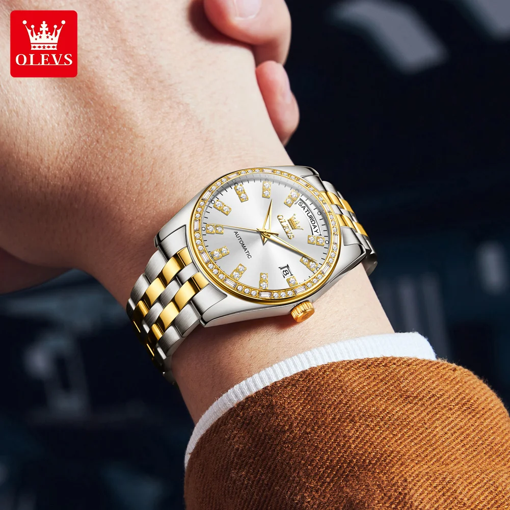 OLEVS 9802 Luxury Diamond Automatic Watch For Men Week Calendar Display Mechanical Wristwatch Waterproof Top Brand Man Watches