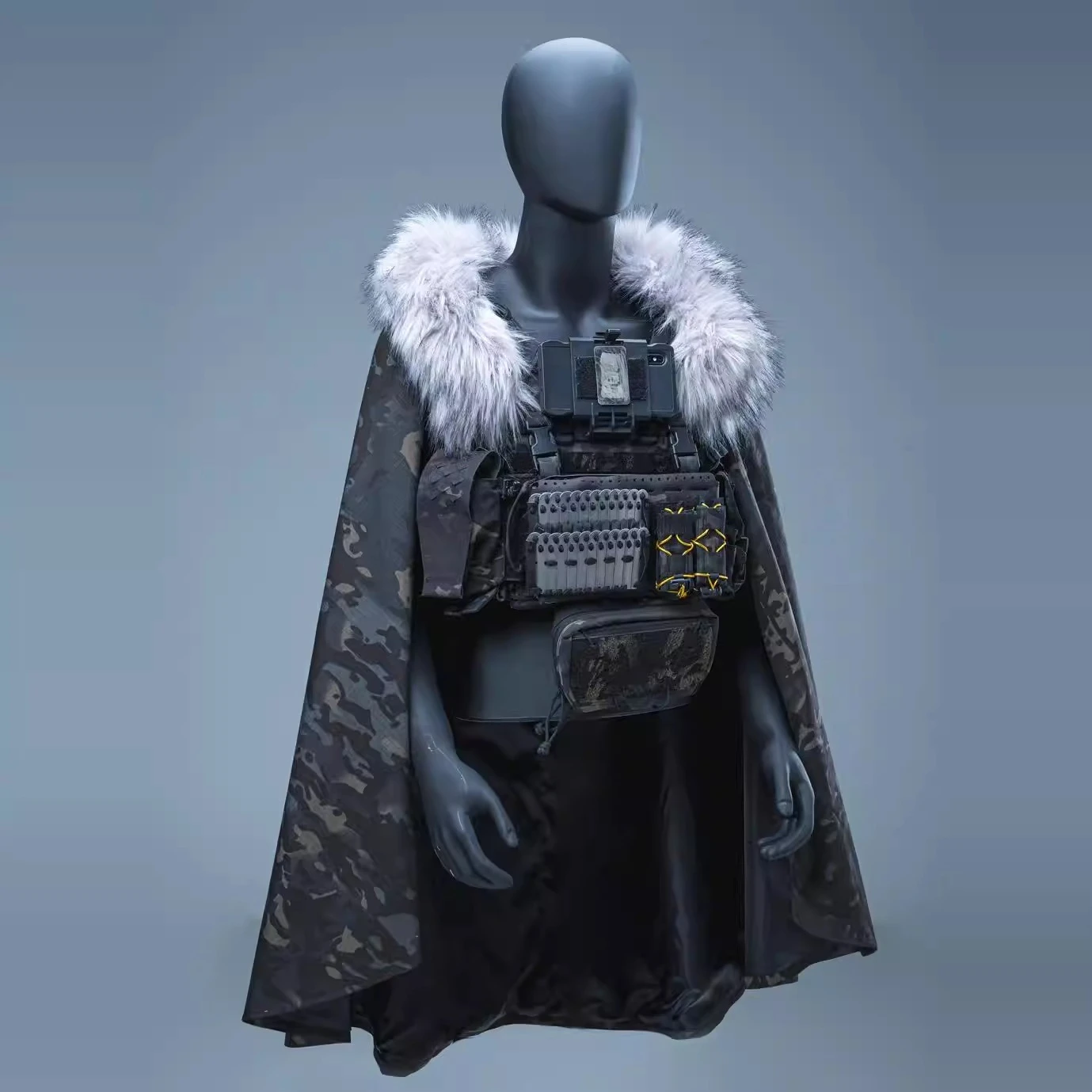 Tactical Vest with Cape Attachment. Snow and Wind-resistant Yumen Cape with Fur Collar and Detachable Hood.