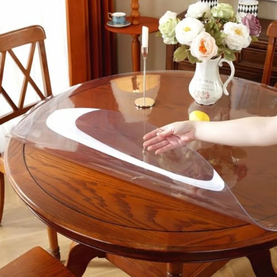 

OstepDecor Table Protector 42 Inch Thick Table Cover Protector, Plastic Waterproof PVC Tablecloth, Vinyl Circle Table Top Prote