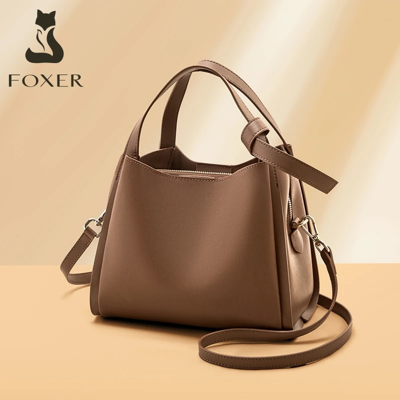 

FOXER Women's Handbag Split Leather Tote Bag 2025 Autumn Winter Fashion Bucket Bag Soft Shoulder Bag Large Capacity Work Travel