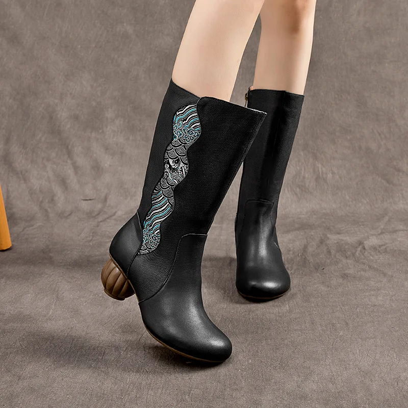 5cm Genuine Leather Women Spring Autumn Luxury Authentic Chimney Fashion Embroider Knee High Boots Platform ZIP Designer Shoes