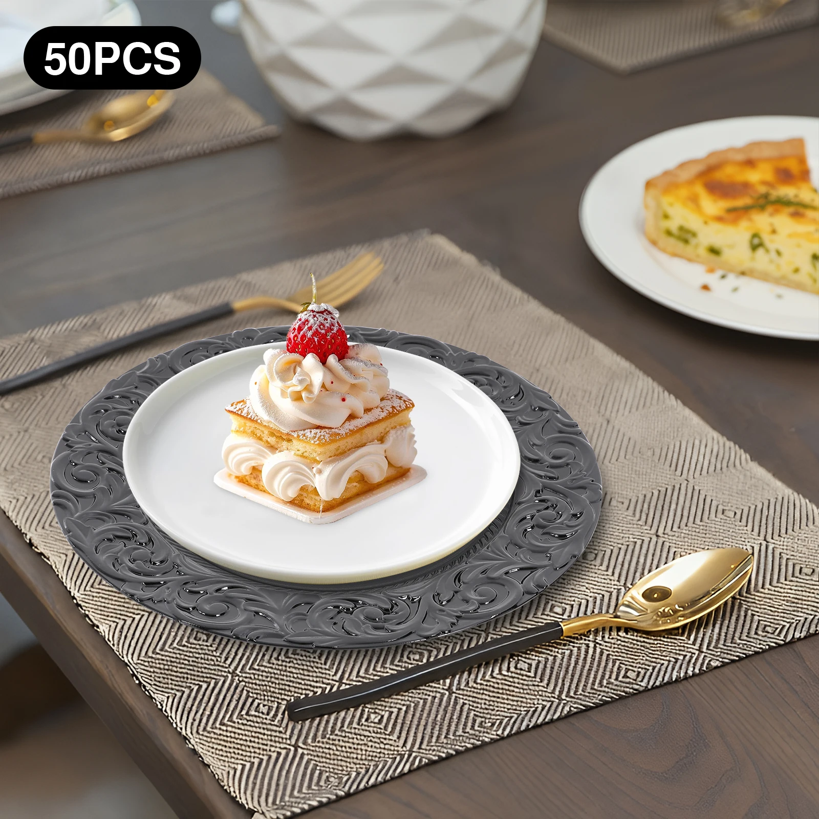 

Elegant Embossed Rim Charger Plates, Sunken Bottom(Anti-Spill&Table Protection), Rounded Corners(Safe To Use)