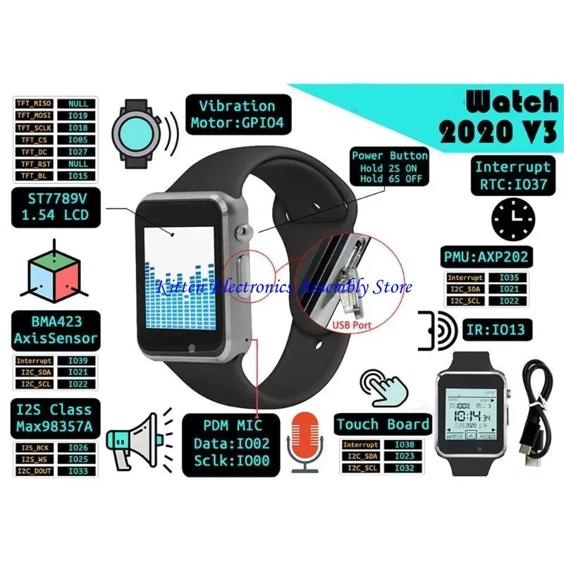 

96GD T-Watch-2020 v3.0 ESP32 Wi-Fi Bluetooth-совместимый динамик динамика программируется для Watch 1.54in для