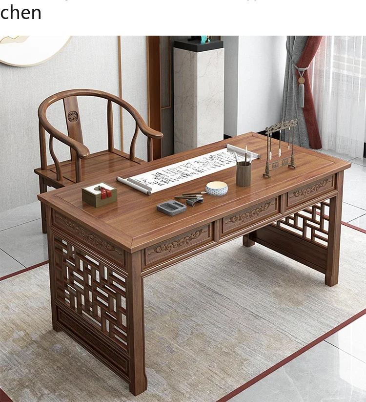 Biurko z litego drewna, chińskie rzeźbione biurko do pisania, stół do nauki, stół komputerowy z miejscem do przechowywania