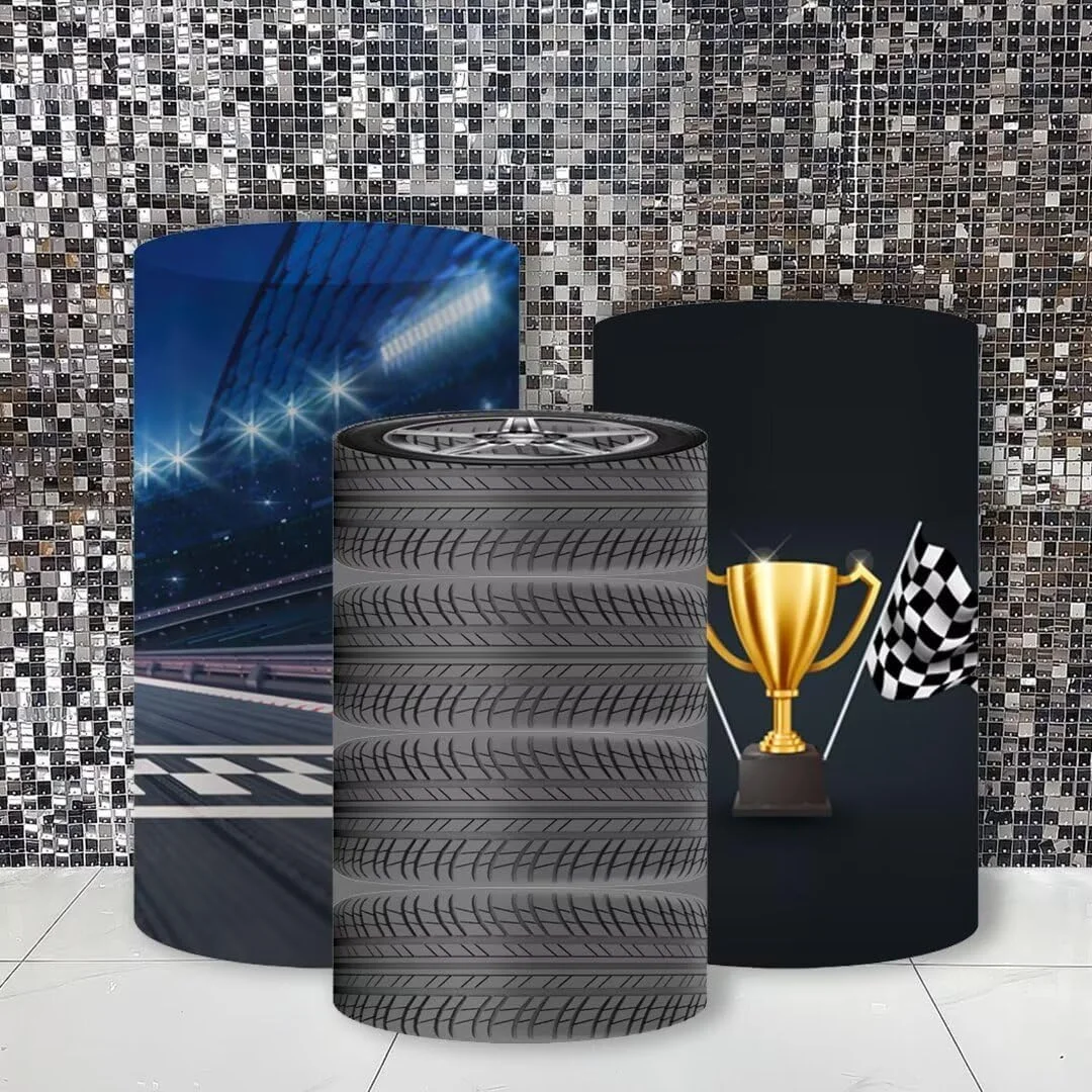 Race Car Theme Cylinder Table Covers Pedestal Stand Cover for Racing Party Stretchy Plinth Cove Birthday Baby Shower Cake