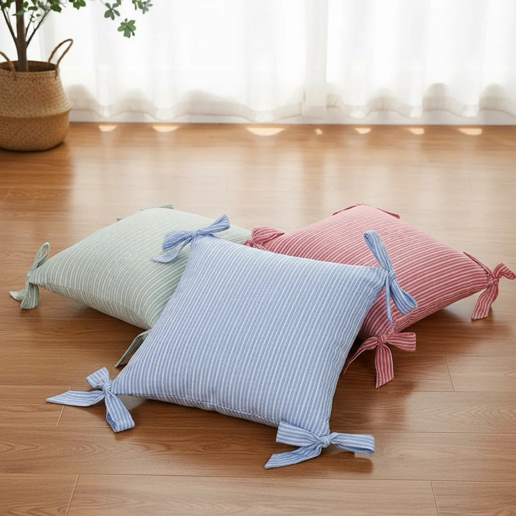 BUYNOW 1 Stück Farbig Gewebter Gestreifter Quadratischer Schleifenkissenbezug Koreanischer Stil Süßer Wohnzimmer-Sofakissenbezug Party Heim Schlafzimmer Deko – Detail 4