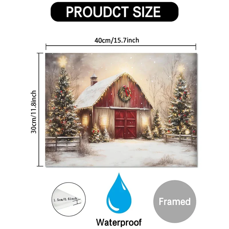 1PC Charmante Rode Schuur Kerst Canvas Schilderij Houten Frame Winter Feestelijke Gedenkteken Wanddecoratie voor Woonkamer