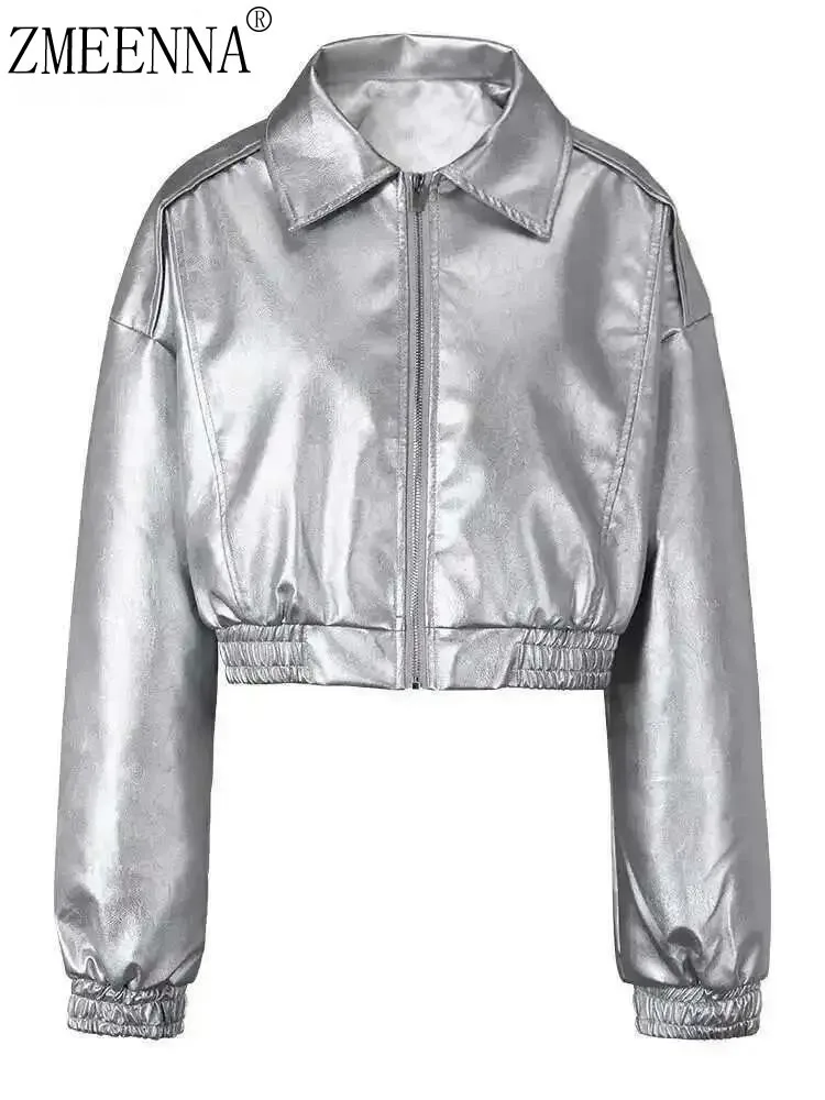 

ZMEENNA Women's Silver Cropped Jacket Full Zip Collared Long Sleeve With Elastic Hem Cuffs Fashion Streetwear Outerwear ZM3282