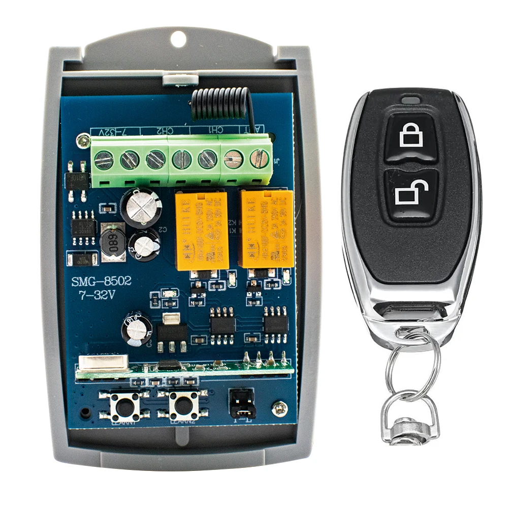 

Universal 433.92MHz Garage Remote Control 2 Channels Receiver 433MHz Switch DC AC 7-32V 85-250V RF Relay Module And Transmitter