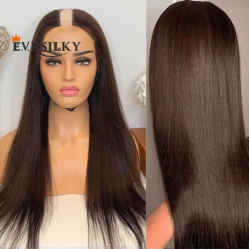 Dark Brown Silky Straight #2 180Density Long 1x4 Opening U Part Human Hair Wigs for Black Women with 6Clips Adjustable Remy Hair