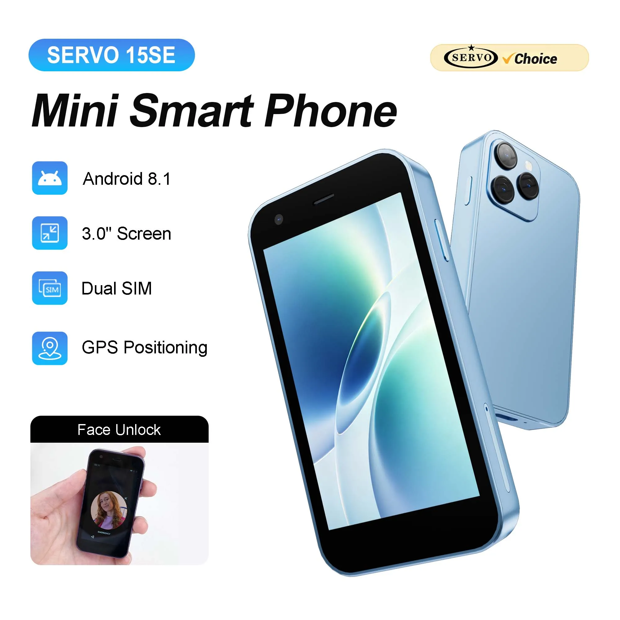 15SE Kleines Mobiltelefon mit 3,0 Zoll HD-Bildschirm, 3G WCDMA, Android 8.1, Dual-SIM, Gesichtserkennung, WLAN, GPS, Play Store, Mini-Smartphone