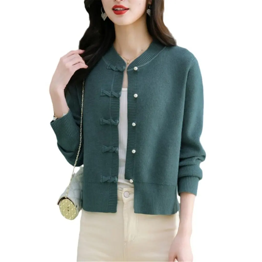 Cardigan lavorato a maglia tinta unita da donna maglione corto leggero con fibbia stile nazionale abbigliamento esterno autunnale nuovo arrivo