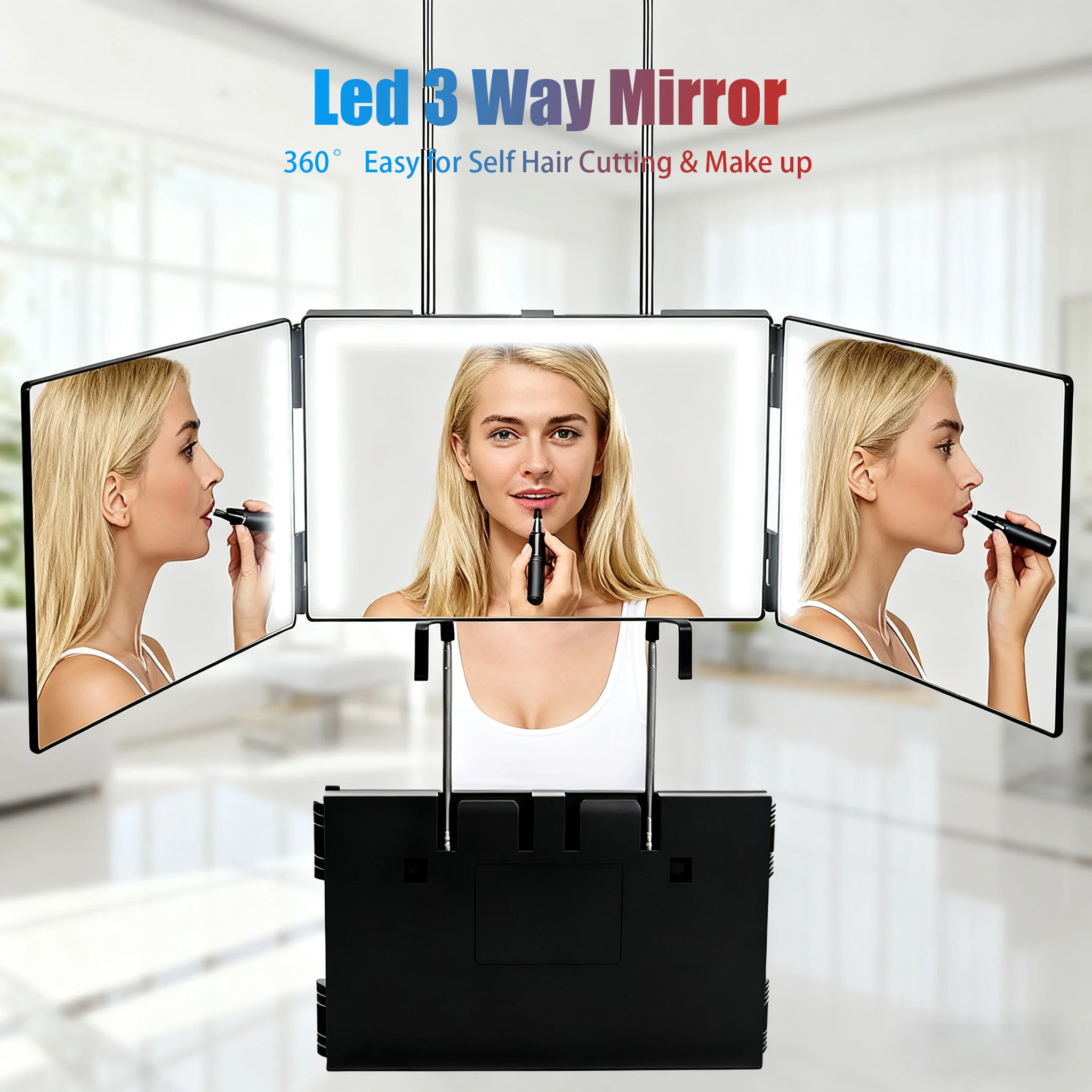 

Professional 3-Way Haircut Mirror Set - Rechargeable LED Lights, Height Adjustable, 360° Rotation for Clear Back-Head View