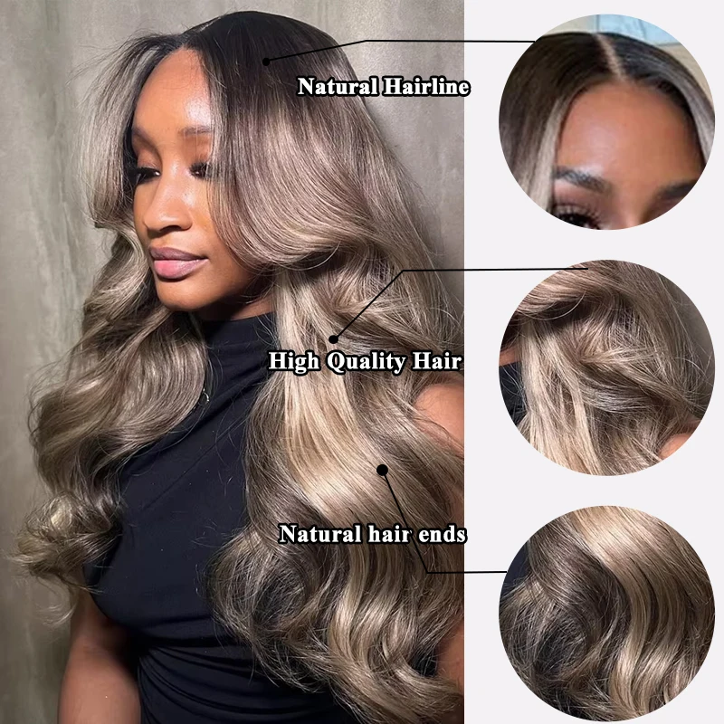 Synthetic Hair Body Wave Wigs Gray Brown with Blonde Highlights Transparent 13x4 13x6 Lace Front Wig Closure Wig Pre Plucked