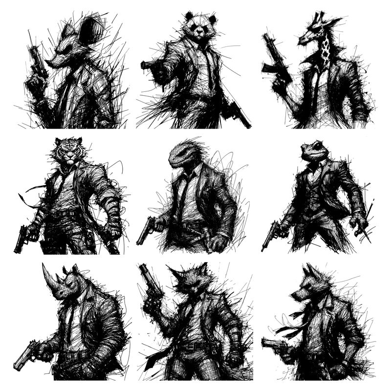 25cm Black Line Drawing Animals Panda Tiger Killer DIY Cool Decal For Men Tshirt Hoodie Iron on DTF Heat Transfer Patch Washable