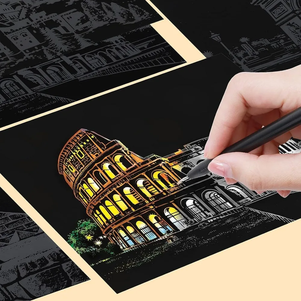 12 스크래치 스크래치 무지개 종이, 스케치 패드 DIY 아트 및 Craft City 시리즈 야간 풍경 스크래퍼, 7.8 X 5.5 인치